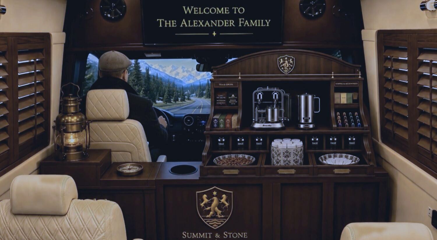 The cabin's walnut Steward's Cabinet holding the espresso and cocoa service, the welcome screen reading Welcome to The Alexander Family