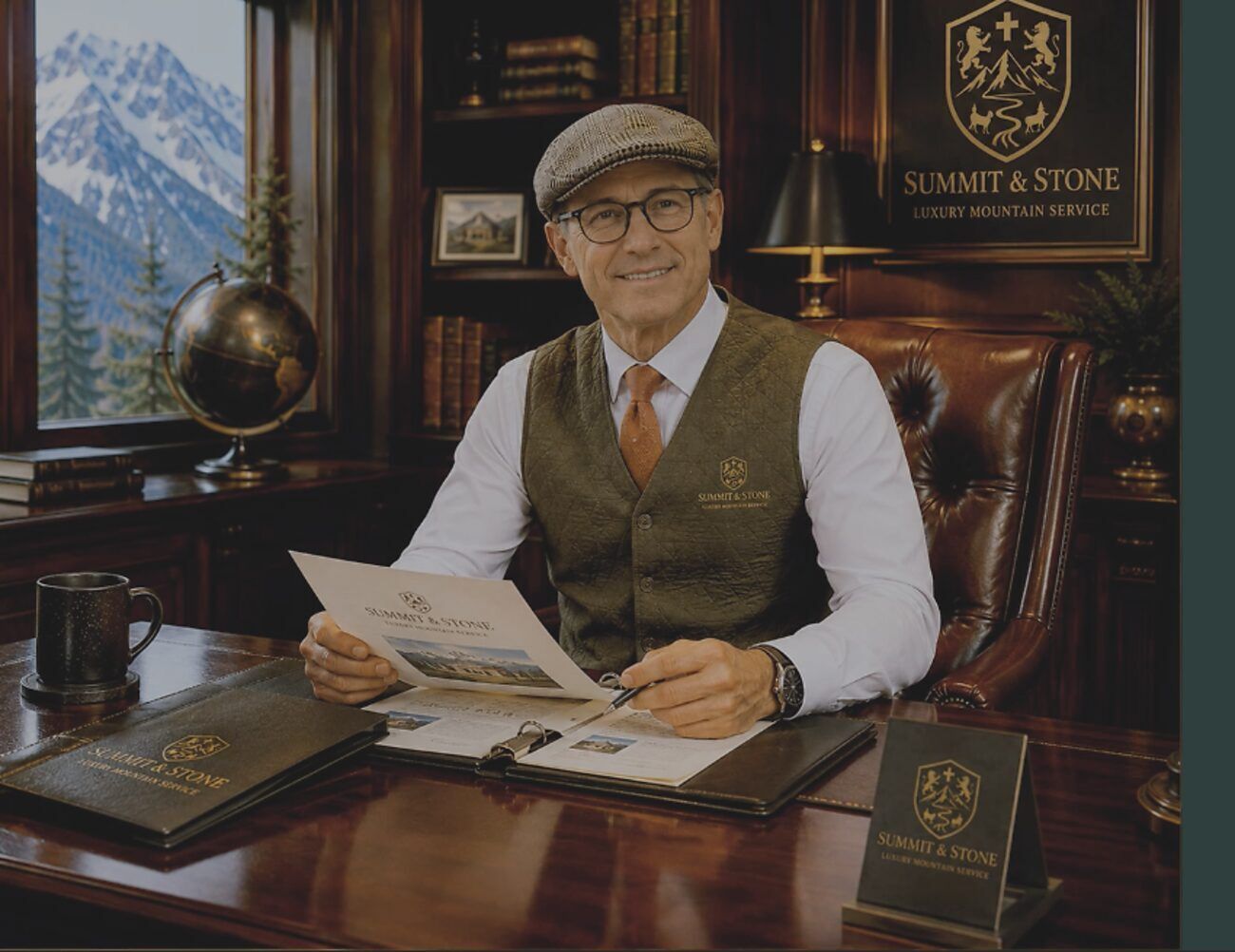The founder in tweed cap and vest at a leather-topped desk, the Sprinter awaiting outside