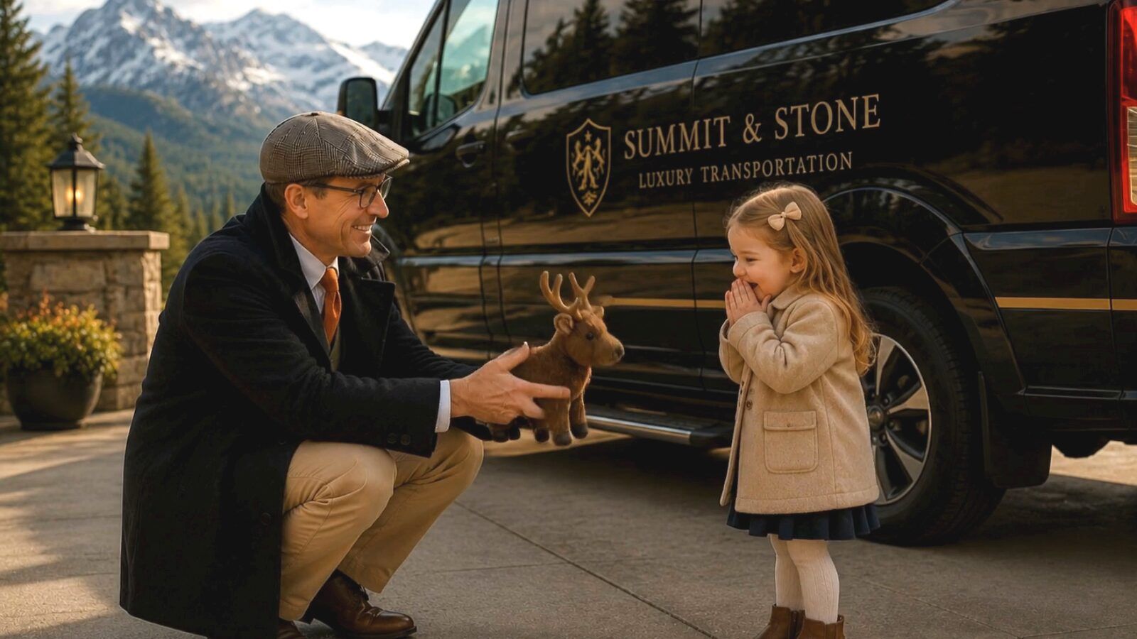 The Concierge-Driver kneels to gift a plush deer to a delighted little girl beside the Sprinter
