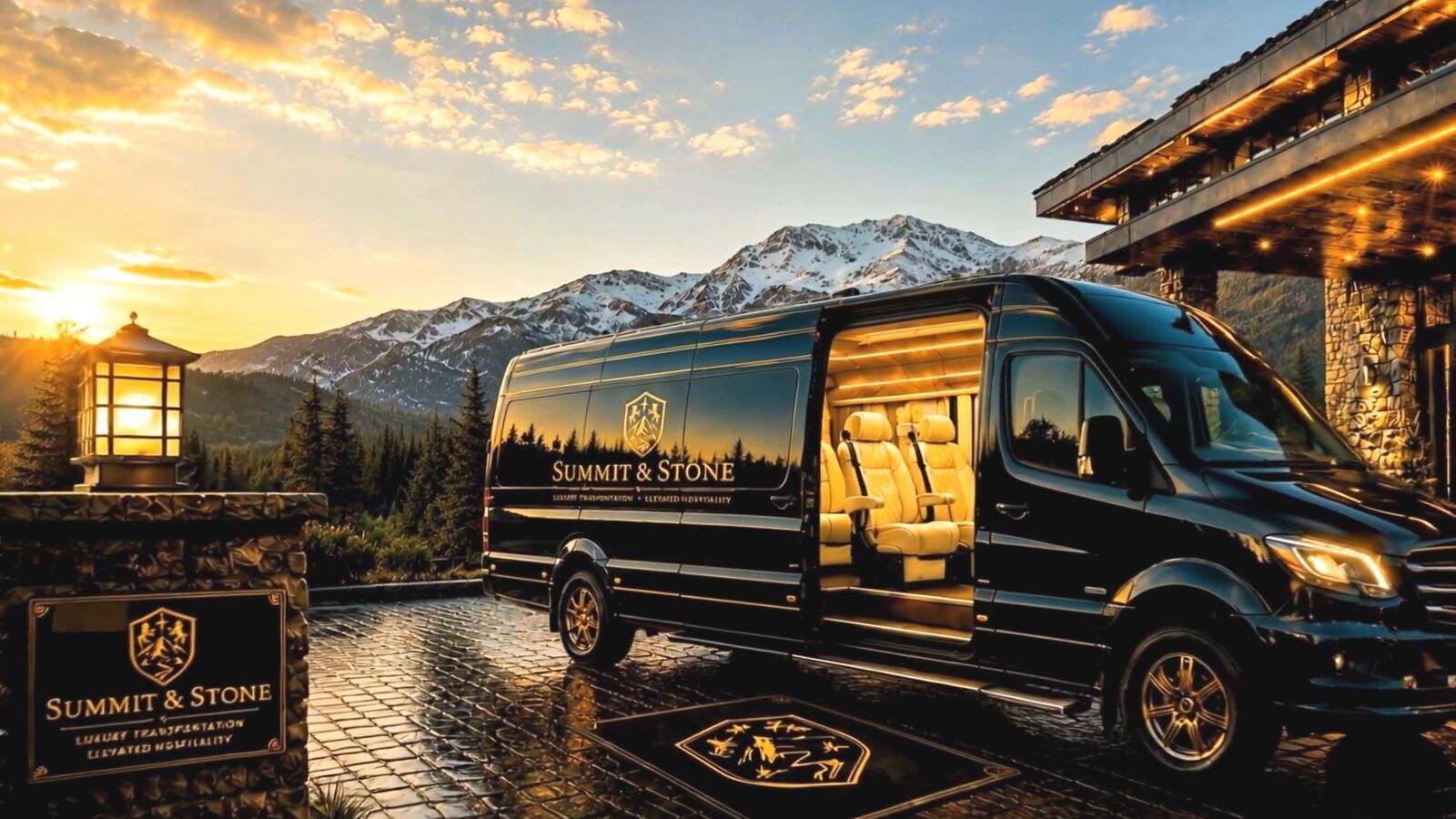 The forest-green Summit and Stone Sprinter at a stone lodge at golden hour