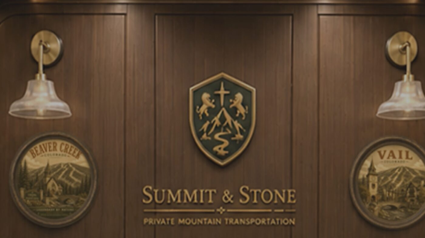 The rear walnut wall — the gold crest between brass sconces, flanked by Vail and Beaver Creek medallions