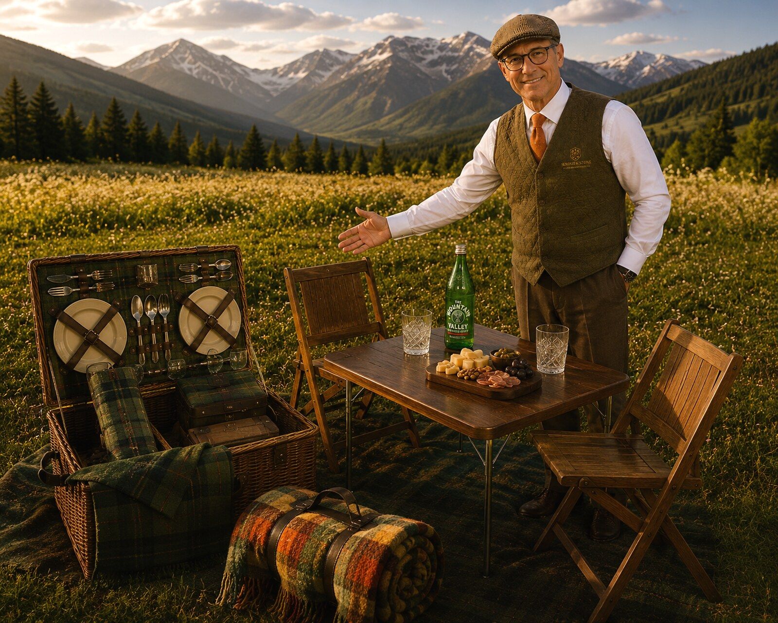 A Concierge-Driver presents The Summit Table — a dressed table, wicker hamper and tartan blankets in a wildflower meadow beneath the peaks